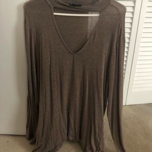 Brown Choker Neckline Knit Long Sleeve Top